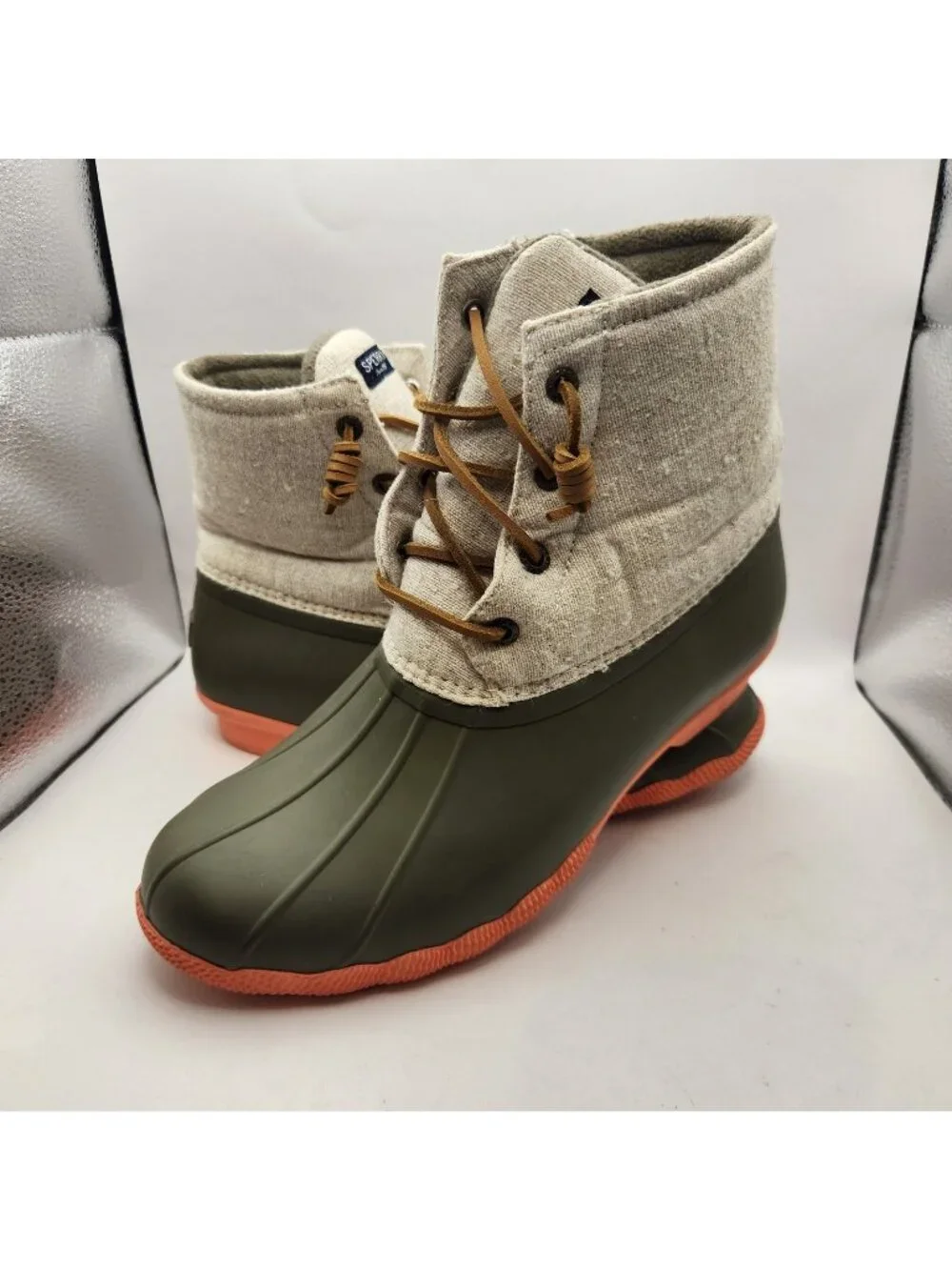 Sperry Topsider Saltwater Duck Boot Winter Shoe Rain Gray & Olive Green Side Zip